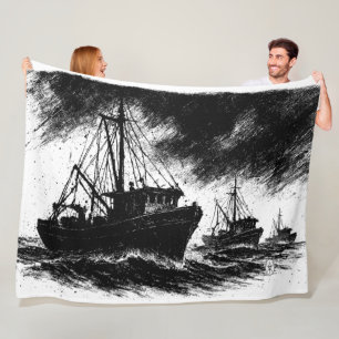 Storm‑Tossed Ships – Ink Seascape Art Print Fleece Blanket