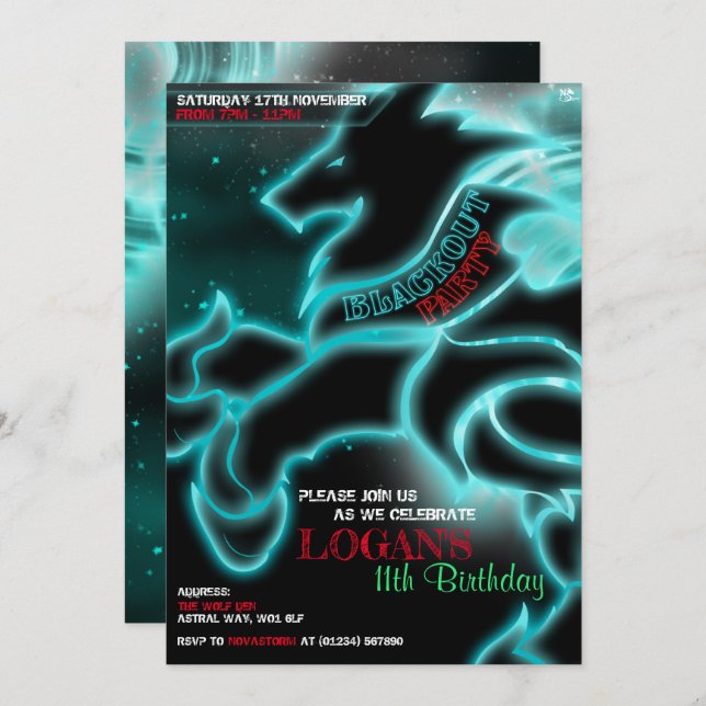 Storm Wolf Blackout Party Invitations (Front/Back)