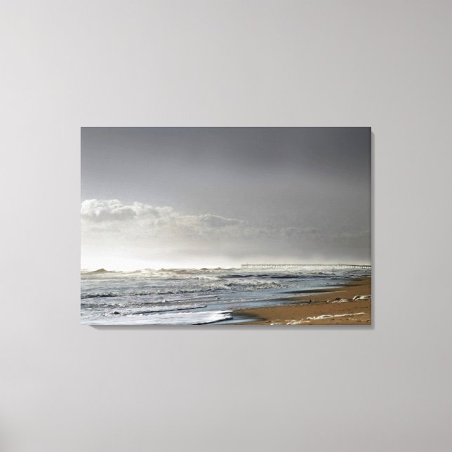 Storming Sea, Distant Pier Canvas Print (Front)