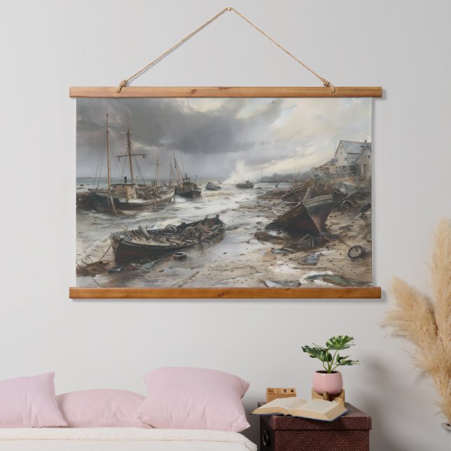 Storm's Wake: Wrecked Fishing Boats Art Hanging Tapestry (Bedroom)