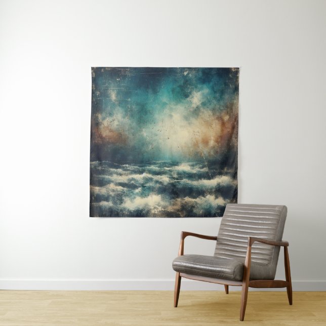 Stormy Blue Ocean Old Photograph Tapestry (In Situ)