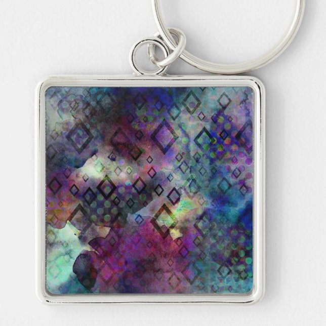 Stormy colourful watercolor abstract w/ diamonds key ring (Front)