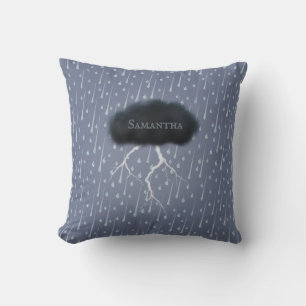Stormy Day Thunder Cloud & Rain Customised Blue Cushion