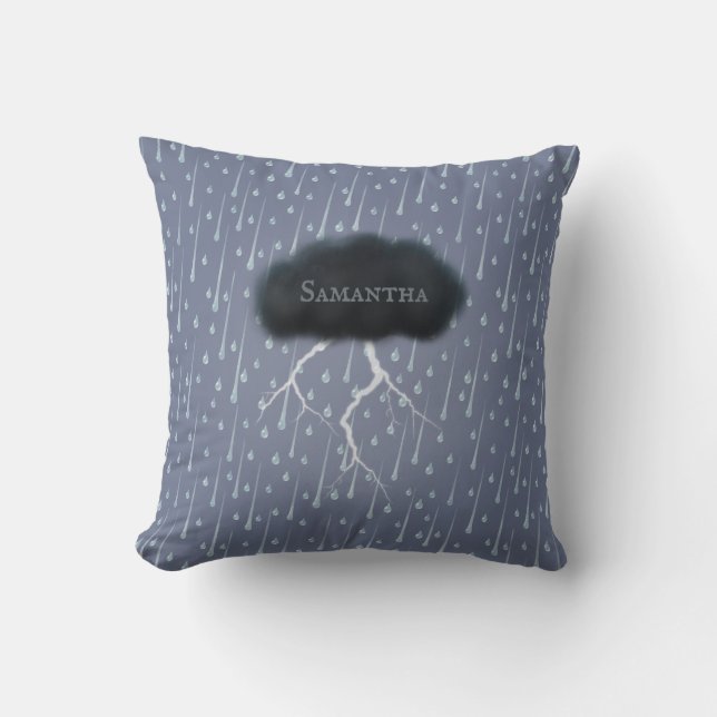 Stormy Day Thunder Cloud & Rain Customised Blue Cushion (Front)