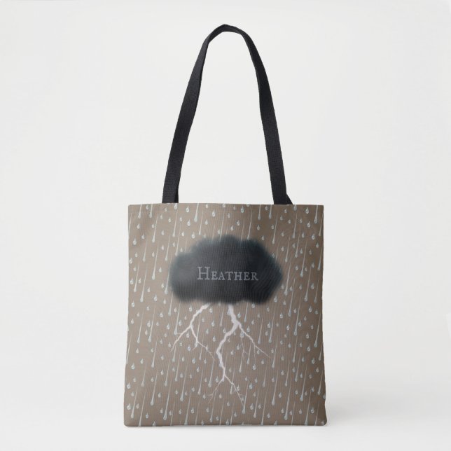 Stormy Day Thunder Cloud & Rain Customised Brown Tote Bag (Front)