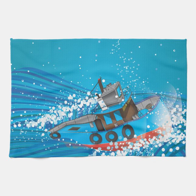 Stormy Fishing Boat Tea Towel (Horizontal)