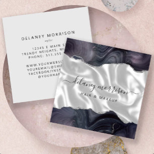 Stormy Grey Agate Silver Glitter White Luxury Square Business Card