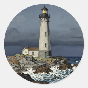 Stormy Night Coastal Lighthouse Classic Round Sticker