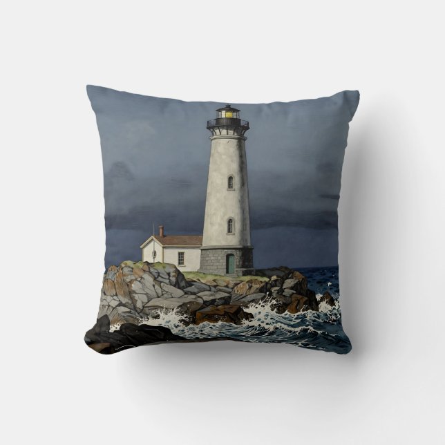 Stormy Night Coastal Lighthouse Cushion (Front)