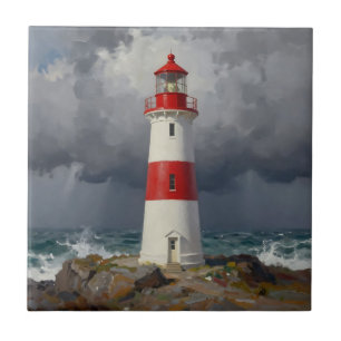 Stormy Red Lighthouse Coastal  Tile