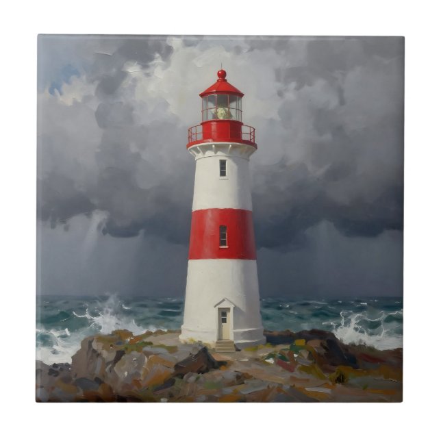 Stormy Red Lighthouse Coastal  Tile (Front)