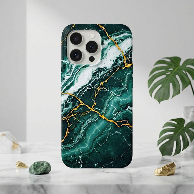 Stormy Sea Green Marble & Gold Cracks iPhone Case (Creator Uploaded)