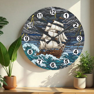 Stormy Sea, Ship Clock, Dramatic, Vintage Nautical Round Clock