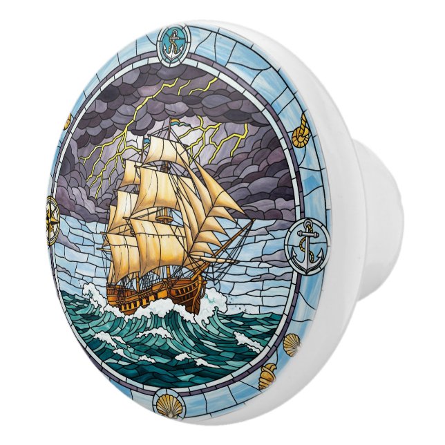 Stormy Sea, Ship, Sea Animals, Nautical Ceramic Knob (Right)