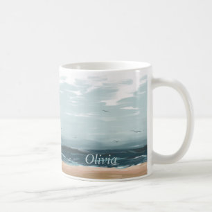 Stormy Sea Waves Beach Flying Gulls Coffee Mug