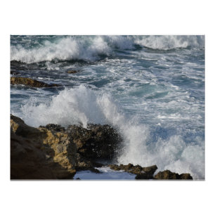 Stormy sea, waves crashing on rocks poster
