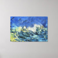 Stormy Sea with Seagulls in Blue and Yellow