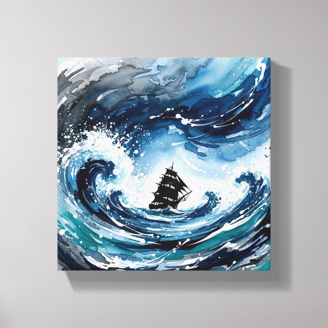 Stormy Seas Abstract Ship Wall Art – Navy & Teal W (Front)