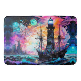 Stormy seas, boat lighthouse Moon Abstract Bath Mat