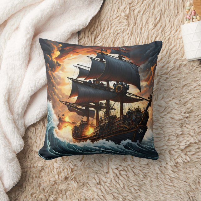 Stormy Seas With a Fierce Pirate Ship at Dusk Cushion (Blanket)