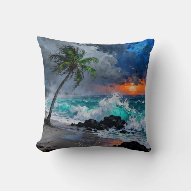 Stormy Serenity:Rain and Wind on a Beach at Sunset Cushion (Front)