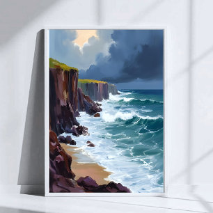 Stormy Shore   Beach Ocean Waves Painting Poster