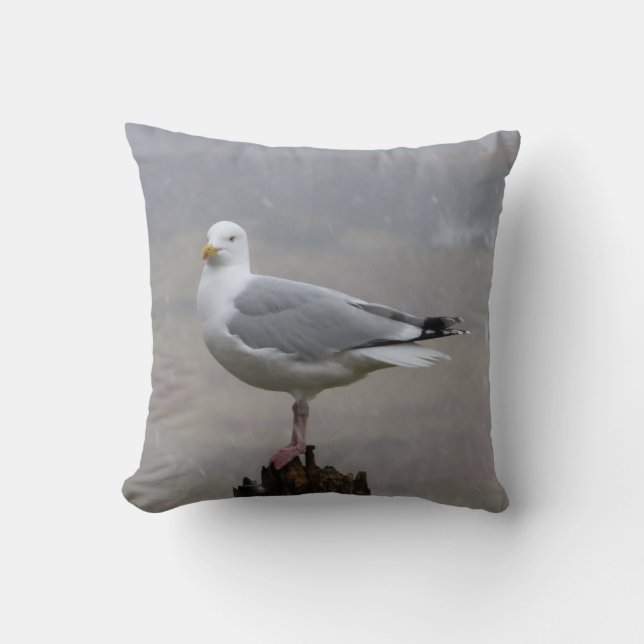 Stormy Snow Cute Seagull Bird Winter Scene Cushion (Front)