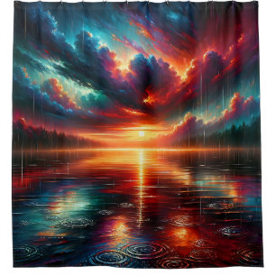 “Stormy Sunset Over Serene Lake” Shower Curtain