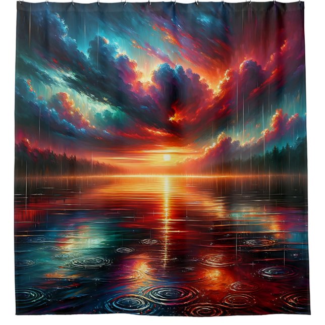 “Stormy Sunset Over Serene Lake” Shower Curtain (Front)