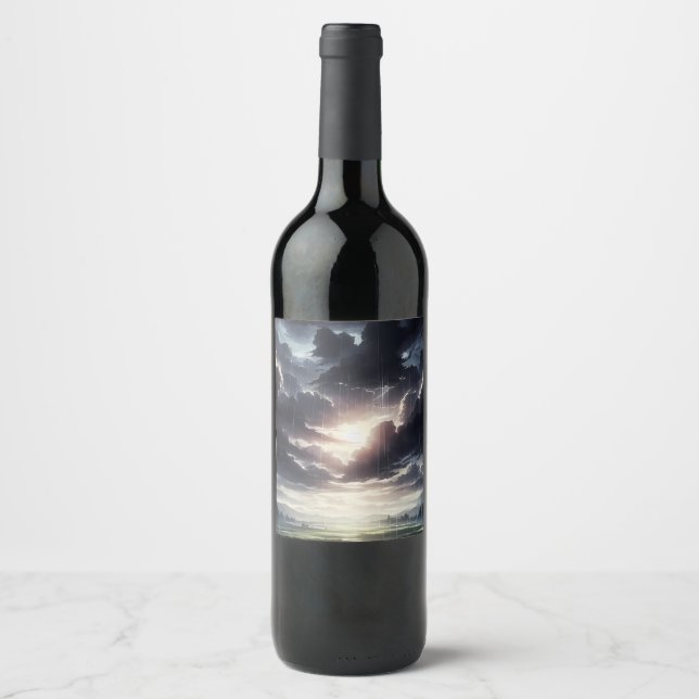 Stormy Sunset Rain Over Serene Valley Wine Label (Front)