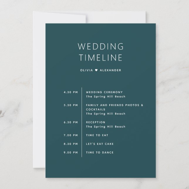 Stormy Teal Wedding Timeline | Elegant Schedule Invitation (Back)
