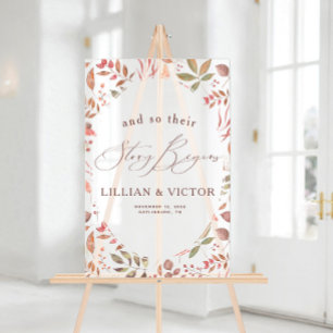 Story Begins Autumn Leaves Wedding Welcome Acrylic Sign