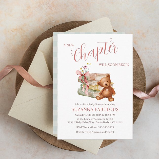 Storybook Baby Shower New Chapter Begins Invitation (New Chapter Will Soon Begin. Cute storybook and stuffed brown bear. Perfect for your Baby Shower)