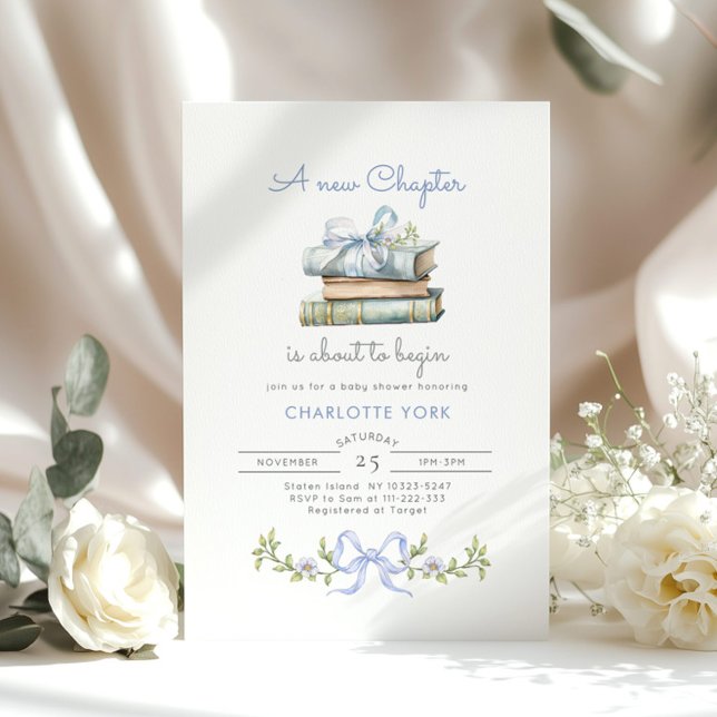 Storybook Blue Bow New Chapter Baby boy Shower Invitation (Creator Uploaded)