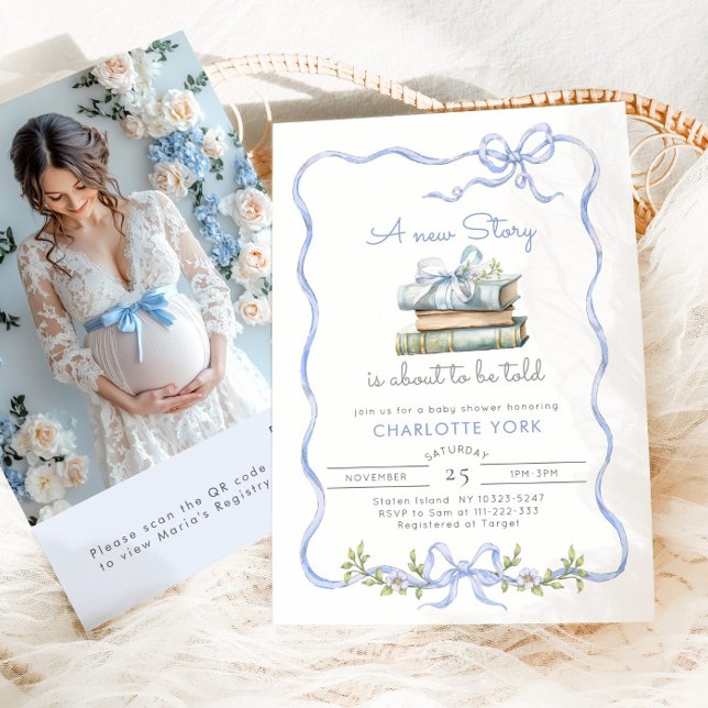 Storybook Blue Bow QR rsvp Baby Shower Invitation (Creator Uploaded)