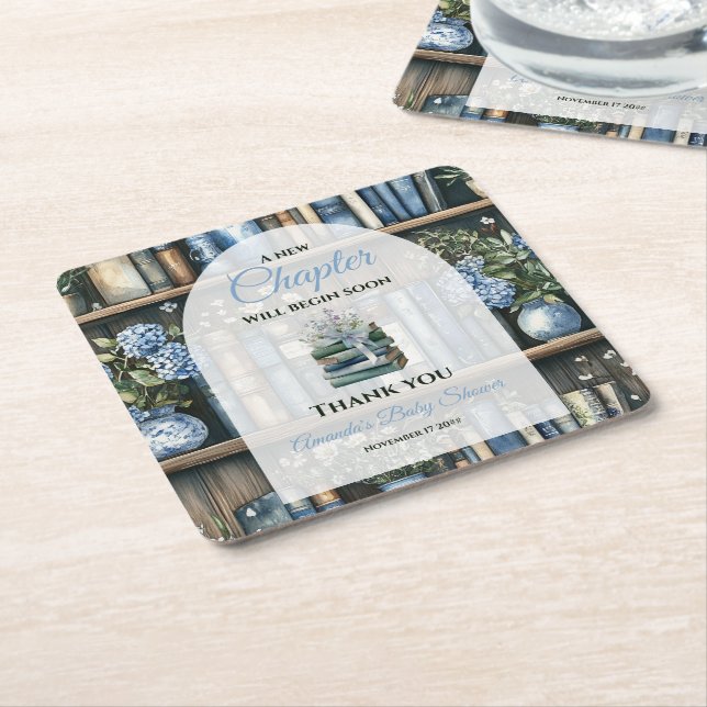 Storybook Blue Boy Library Book Baby Shower Square Paper Coaster (Angled)