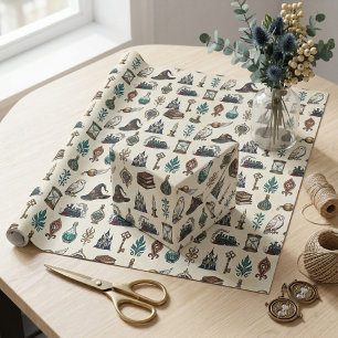 Storybook Castle White Owl Witch Hat Magical Ivory Wrapping Paper