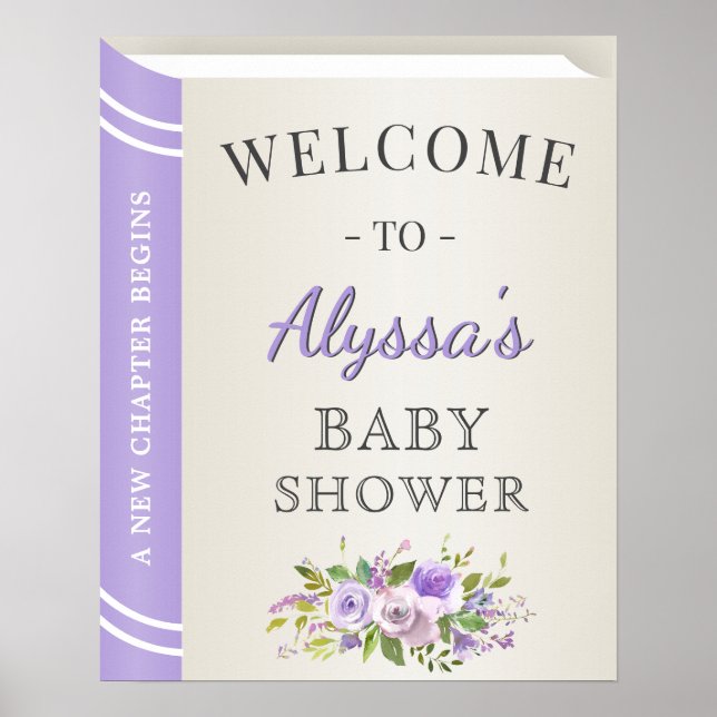 Storybook Cover Lavender Girl Baby Shower Welcome Poster (Front)