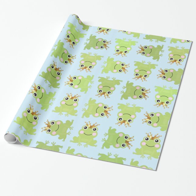 Storybook Fairy Tale Frog Prince Baby Shower Blue Wrapping Paper (Unrolled)