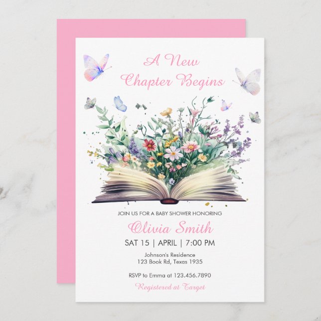 Storybook Floral Pink A New Chapter Baby Shower Invitation (Front/Back)