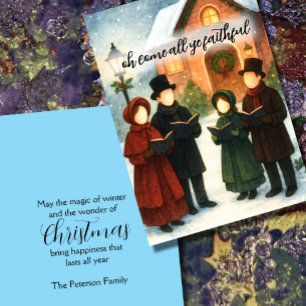 Storybook Illustration Faceless Christmas Carolers Holiday Card