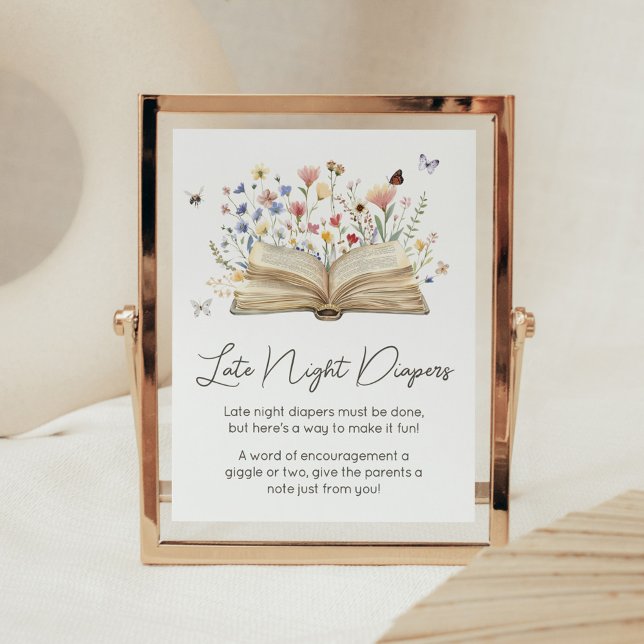 Storybook New Chapter Begins Late Night Diapers Poster (New Chapter Begins Storybook Baby Shower Late Night Diapers Sign)