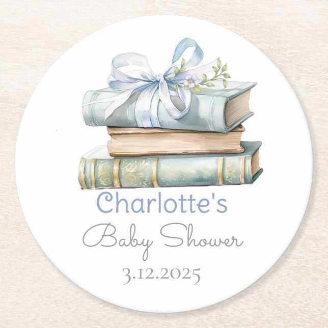 Storybook New Chapter Blue bow baby boy shower Round Paper Coaster (Front)