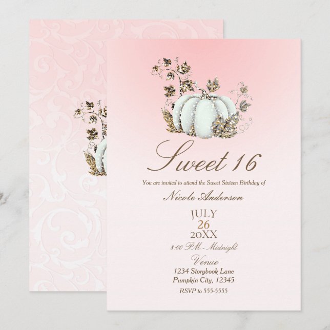 Storybook Pink White Pumpkin Fairy Tale Sweet 16 Invitation (Front/Back)