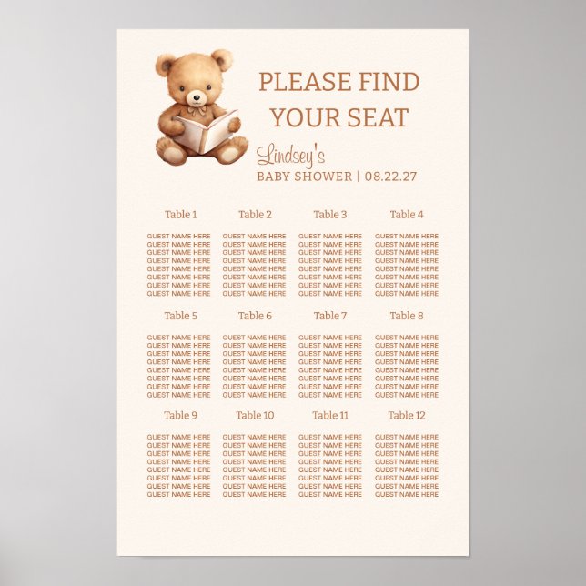 Storybook Teddy Bear Baby Shower Seating Chart (Front)