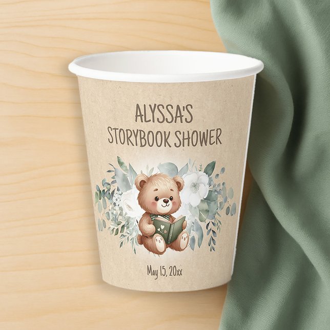 Storybook Teddy Bear Greenery Baby Shower Paper Cups (Storybook teddy bear baby shower paper cups)