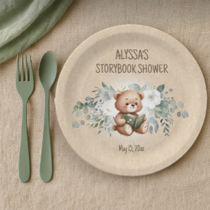 Storybook Teddy Bear Greenery Baby Shower Paper Plate