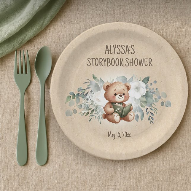 Storybook Teddy Bear Greenery Baby Shower  Paper Plate (Storybook teddy bear baby shower paper plates)