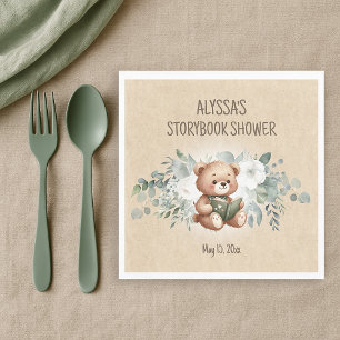 Storybook Teddy Bear Greenery Baby Shower Welcome Napkin