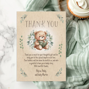 Storybook Teddy Bear Sage Tan Vintage Baby Shower Thank You Card
